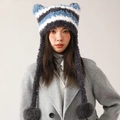 Blue and white striped cat ear knit hat with plush earflaps and fuzzy pom-poms - Cat Ear Hat White Blue Grey