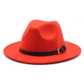 Detail of red wool fedora hat featuring a black faux leather belt and gold buckle - Orange Red