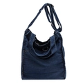 Grand sac cabas en denim bleu foncé avec surpiqûres orange et bandoulière réglable - Bleu foncé