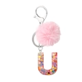 Pink fluffy ball and resin letter U keychain with colorful heart sequins and silver ring - Letter U