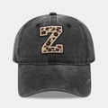 Classic washed black baseball cap with leopard print letter Z and vintage cotton texture - Letter Z