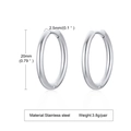 Detail view of 20mm stainless steel hoop earrings with size measurements and dimensions - 2.5*20mm / Silver