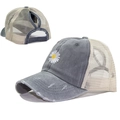 Distressed grey baseball cap with daisy embroidery and high ponytail mesh back hole - Gray