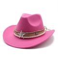 Detailed shot of pink felt cowboy hat with braided rope and turquoise star buckle ornament - M (56-58cm) / Rose Red