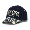 Detail of Aurora Renewal 3D embroidery on navy blue and paisley pattern baseball cap - Navy with Vintage Paisley Brim (H)