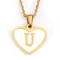 Golden heart pendant necklace with white enamel and golden letter U on a slim chain - Letter U - Gold Heart White Shell