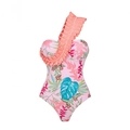 Costume intero monospalla con volant e stampa floreale tropicale su base rosa - S / Solo Costume Monospalla / Stampa Tropicale Rosa