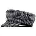 Cappello da marinaio classico da donna con motivo pied de poule e trama in lana rigida - Berretto Newsboy Ottagonale / Pied de Poule Bianco e Nero