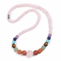 Collana yoga boho con perle di quarzo rosa 6mm e pietre naturali colorate - Collana di Quarzo Rosa