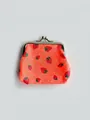 Macro detail of red strawberry print coin purse with silver metal ball clasp closure - Strawberry - Orange / 9x8x2cm