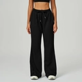 Women's black high-waisted wide-leg sweatpants with drawstring waist and loose fit - Premium Black