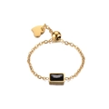 Adjustable gold plated stainless steel ring with black rectangular stone and heart charm - Black Zirconia
