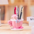 Pink teacup pen holder featuring cartoon puppy and bow tie resin ornament for desk - Pink Hungry Rabbit Pen Holder (1065-7C Rabbit)