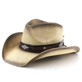 Vintage western cowboy straw hat with brown gradient edges and leather band detail - M (56-58cm) / Beige Coffee Spray