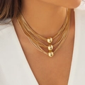 Multilayer gold box chain necklace with three polished metal globes on a model - Gold (Triple Ball Necklace)