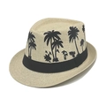 Cappello di paglia beige con stampa di palme nere e nastro di raso per spiaggia estiva - M / Cachi (Grande Albero di Cocco)