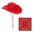 Cappello da cowboy rosso con piume e bandana abbinata con motivo paisley classico - Set 2 Pezzi Piume Rosse Filo d'Argento