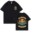 Black crewneck T-shirt with vintage alligator and sunset graphic print on both sides - S / Black