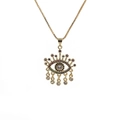 Golden Evil Eye necklace with colorful CZ stones and teardrop fringe on white background - Droplet Tassel Eye Style