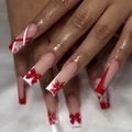 Uñas postizas de Navidad tipo ataúd con lazo rojo, copos de nieve y rayas de caramelo - Estilo de Ataúd Largo con Lazo de Copo de Nieve Rojo - Tipo Pegamento (SGCY-586)