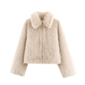 Women's faux fur jacket in beige with large lapels and zipper closure, minimalist look - S / Off White