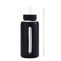 800ml glass water bottle with black silicone sleeve, straw and cleaning brush set - Black