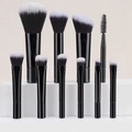 Close-up of 10-piece portable makeup brush set with black handles and bicolor bristles - 10 Pcs Black Handle + OPP Bag