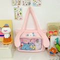 Detailed view of pink plush ita bag with transparent PVC window and bunny ear decorations - Winter Plush Version / Pink