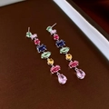 Detailed view of colorful drop earrings with multi-shape zircon stones on a brown display - 2# Multicolor Long Earrings (925 Silver Pin)