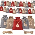 24-day Christmas advent calendar set with red and grey linen drawstring pouches and wood tags - Advent Calendar Style 19
