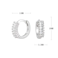 Detailed view of silver huggie earrings with rectangle zircon stones and size dimensions - 925 Silver / Silver/White