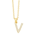 Detail view of a gold O-chain necklace featuring a V-shaped pendant with inlaid pearls - Gold Letter V