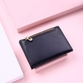 Short black PU leather wallet with metal zipper on a pink and white background - Black (No Buckle)