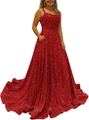 Detailed close-up of vibrant red sequined prom dress with thin straps and a flared A-line hem - US Size 2 (S) / Red