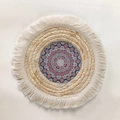 Bohemian straw woven wall decor with a blue mandala pattern and white fringe tassels - Mandala Blue Series (25cm)