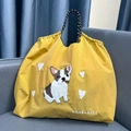 Vibrant yellow nylon tote bag with cute French Bulldog heart embroidery and woven handles - Yellow French Bulldog / M