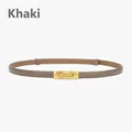 Slim khaki leather belt for women with adjustable golden metal buckle for dresses - Khaki