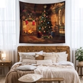 Detailed view of Christmas tapestry showing cozy cabin interior with tree and fireplace - 73X95CM / Brushed Fabric / GT100585-Cozy Scene