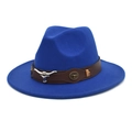 Close-up of bright blue wide-brim fedora hat featuring a leather band and bull head metal buckle - M (56-58cm) / Sapphire Blue