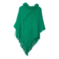 Emerald green knitted hooded poncho featuring vertical stripes and tassel trim - Green