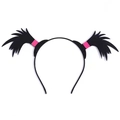 Detail of Halloween devil horn headband with black feathers and pink base accents - Braids