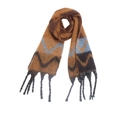 Detail view of knitted wavy geometric pattern and thick tassels on brown winter shawl - Coffee