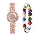 Rose gold rhinestone women watch set with multicolored beaded charm bracelet - Rose Gold Watch + Bracelet