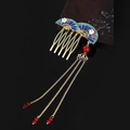 Vintage style fan-shaped hair comb with blue enamel flowers and long gold tassels - F0253 Vintage Fan Hair Comb