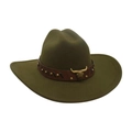 Western olive green felt cowboy hat with leather band and gold bull head buckle - Army Green