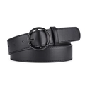 Women's black PU leather belt with minimalist round black metal buckle on white surface - Black-Black Buckle