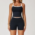 Zweiteiliges schwarzes Yoga-Set mit Halter-Sport-BH und High-Waist-Shorts - S / Tank Top + Shorts / Premium Schwarz