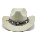 Chapeau de cowboy beige avec perles colorées et pompon en pierre turquoise bohème - M (56-59cm) / Vert Avocat Faux Daim