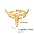 Detailed view of gold plated ox head stainless steel ring with size and weight specs - US Size 7 (Adjustable) / Solid Gold Bull Head