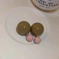 Elegant double pearl earrings featuring pink and olive green color-blocking beads - Grey Brown Pink Front Back Pearl Style (75#)